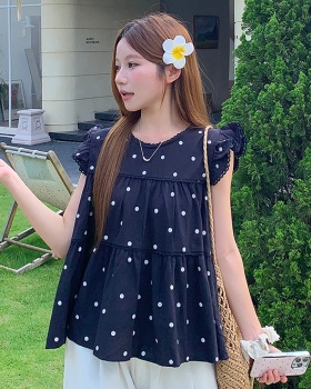Polka dot round neck doll shirt Korean style slim tops