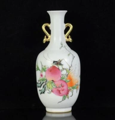 Pair Yongzheng Signed Old Chinese Colour Enamel Vase W/peach CK13