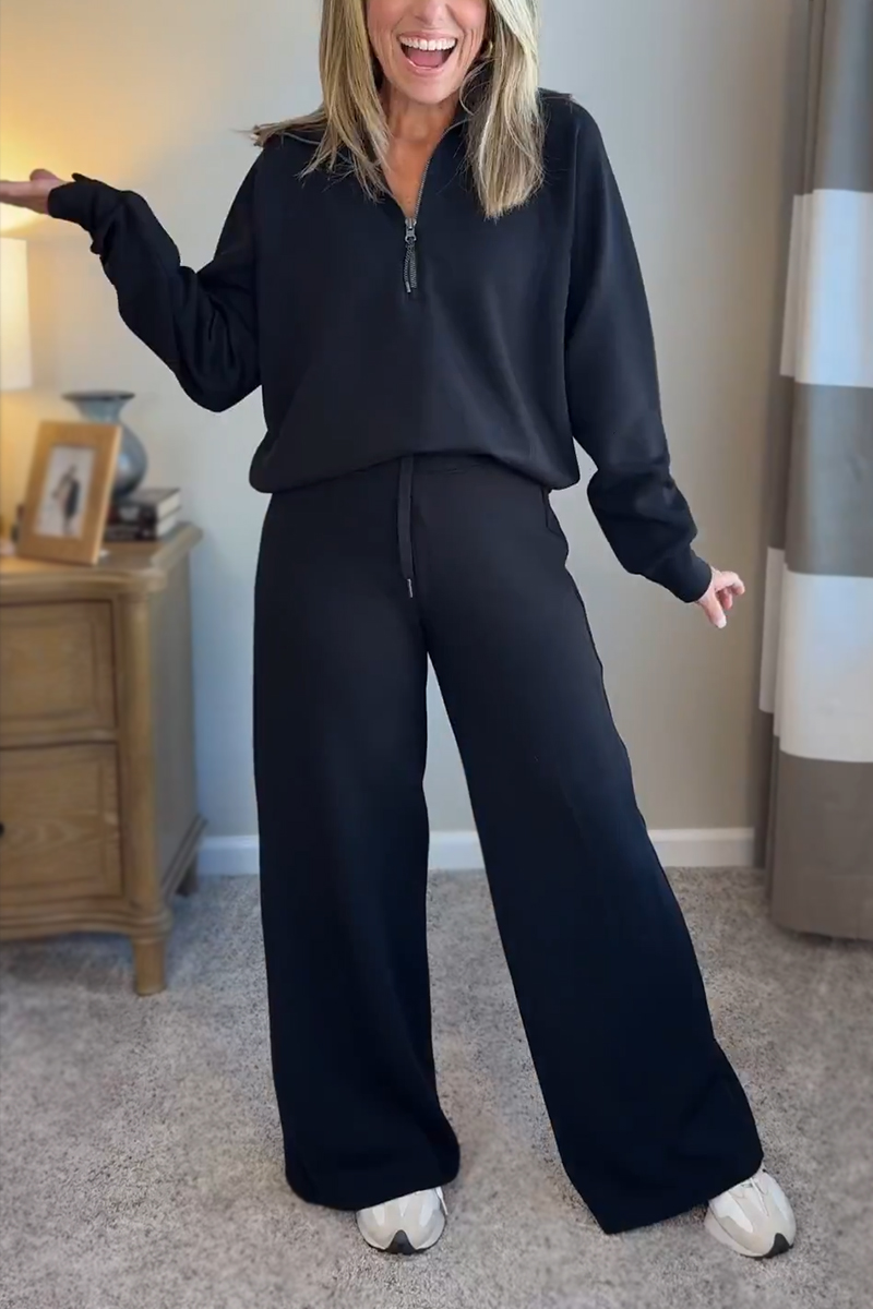 New Arrivals🔥 Casual Lapel Solid Color Sweatshirt Set with Wide Fit Pants