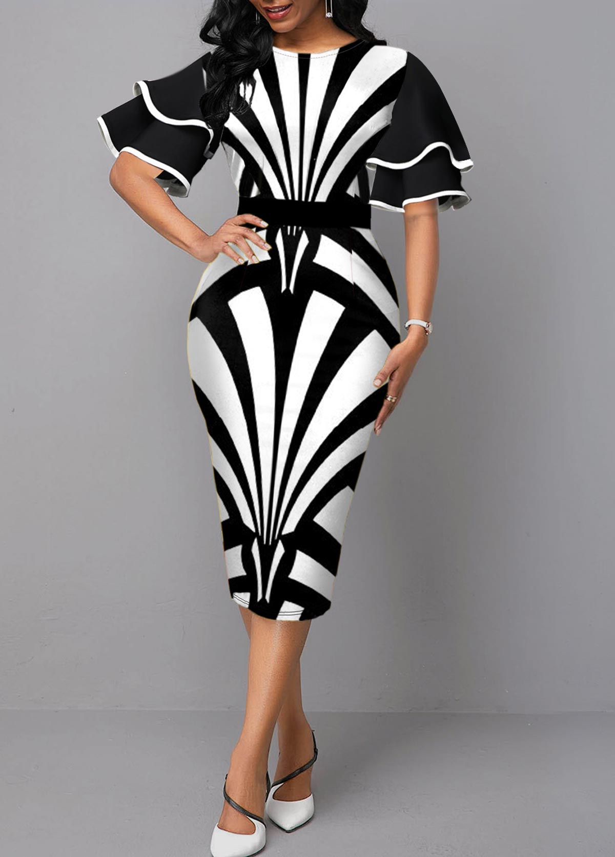 Ruffle Sleeve Stripe Print Contrast Sheath Dress