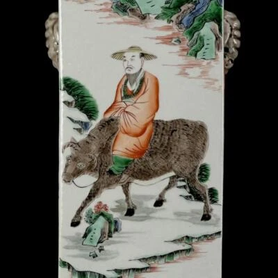 34CM Kangxi Signed Old Chinese Wucai Vase W/ figure N1333