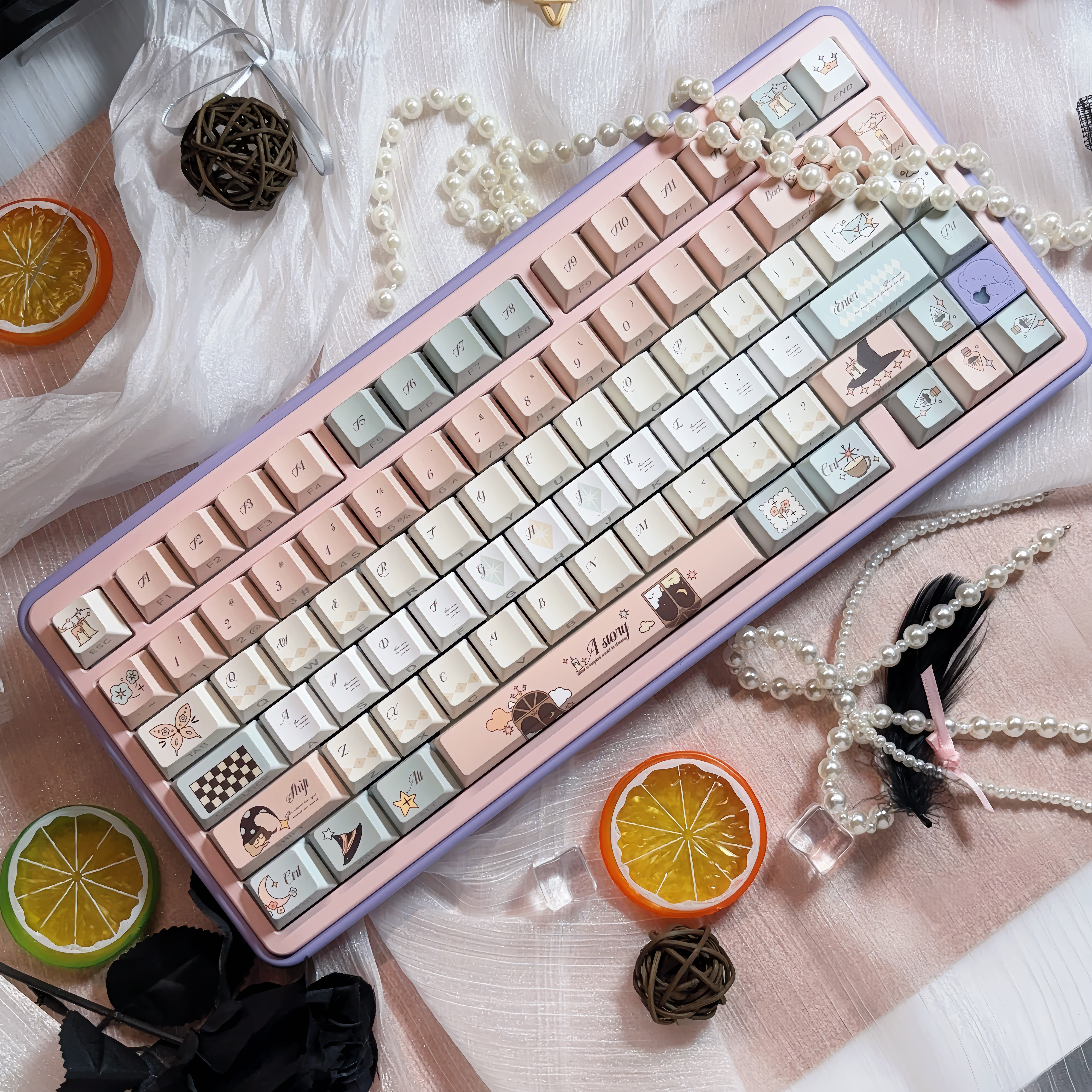 Dreamy Fairy Tale Side-Printed Shine-Through Keycap Set – PBT Cherry Profile Mini Kit – Compatible with Mad Catz & Wooting