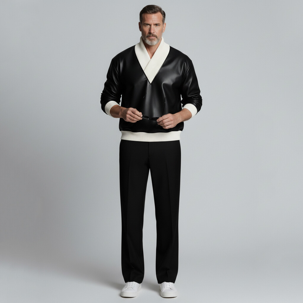 Men's Black Contrast Knit Shawl Collar Long Sleeve PU Leather Sweatshirt