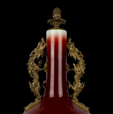 58CM Qianlong Signed Old Chinese Langhong Red Glaze Vase w/dragon N3962