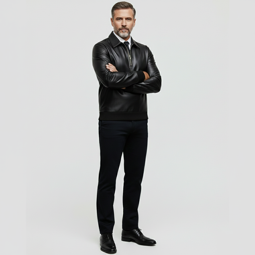 Men's Fashion Black PU Leather Shirt Collar Half Zip Long Sleeve Sweatshirts