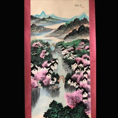 Wu Guanzhong Signed Chinese Hand Painted Calligraphy Scroll w/landscape N1910