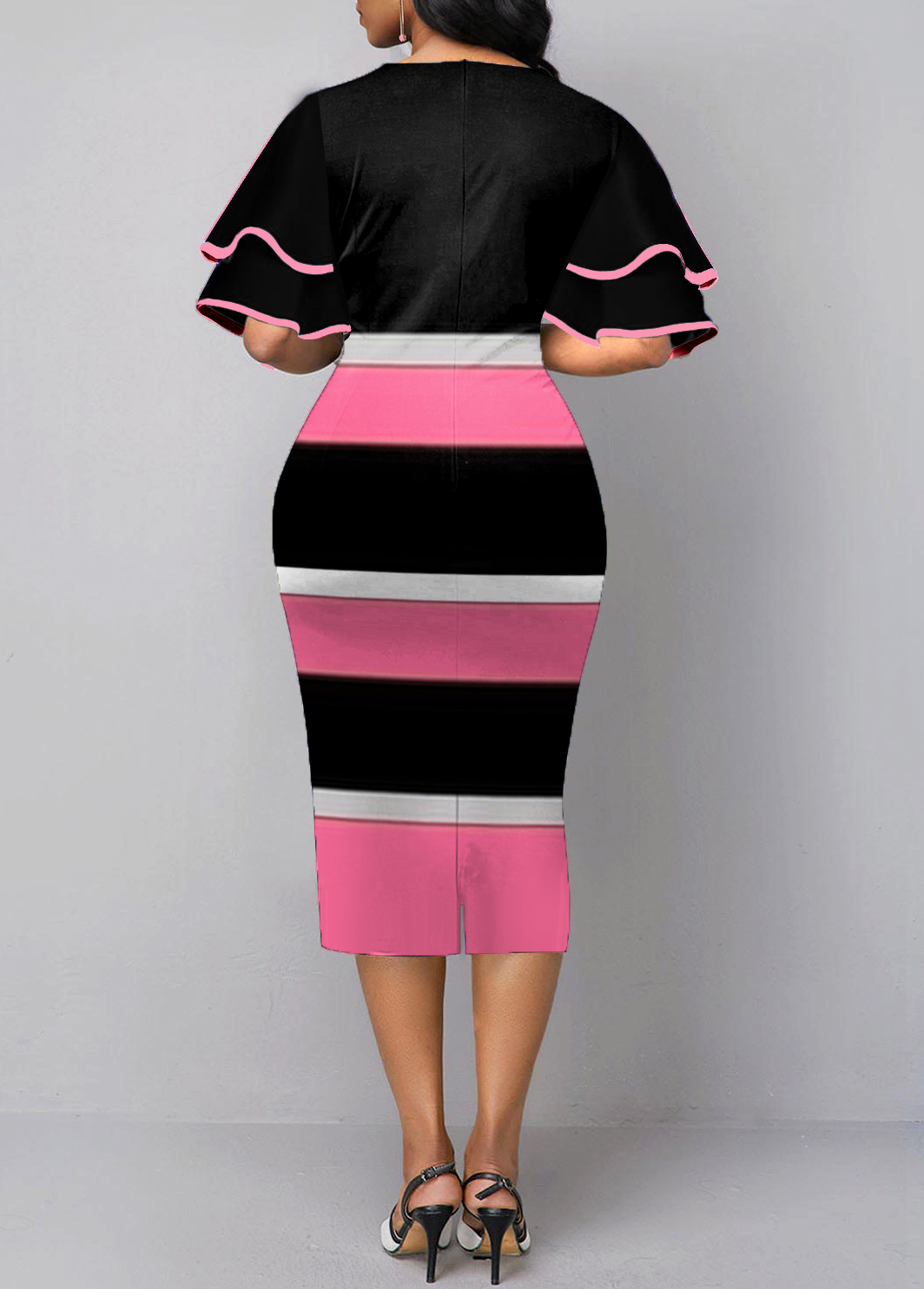 Color Block Layered Bell Sleeve V Neck Dress