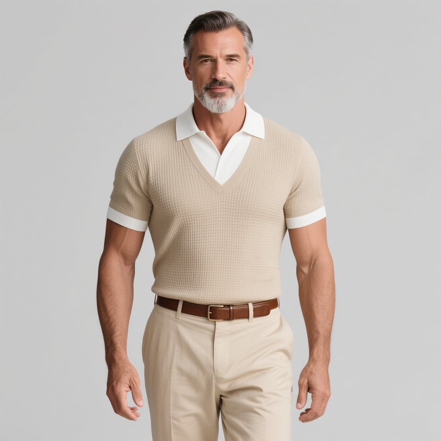 Men's Two Tone Waffle Knit Turndown Collar Short Sleeve Shirt