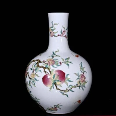 48CM Qianlong Signed Old Chinese Famille Rose Vase W/peach N342