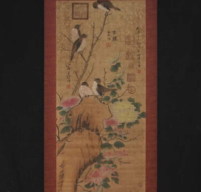 Wong Fanggang Signed Chinese Hand Painted Calligraphy Scroll w/bird