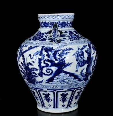 52CM Signed Old Chinese Blue and White Lid Pot W/figure N3206