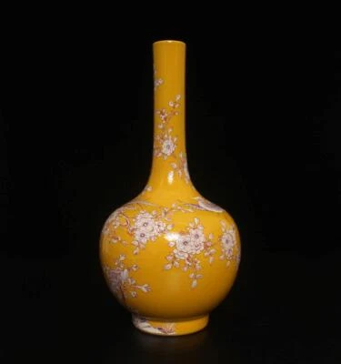 29.5CM Kangxi Signed Antique Chinese Famille Rose Yellow Glaze Vase W/bird