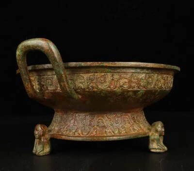 27CM Old Chinese Bronze Statue Dish w/figure N1773