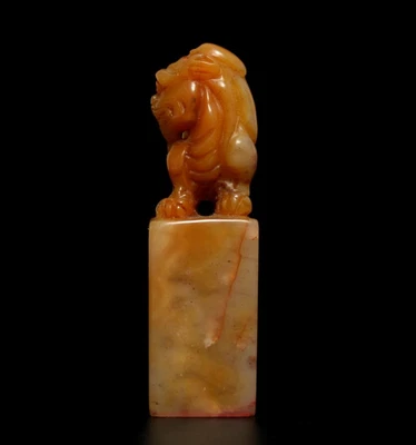 Signed Old Chinese Shoushan Stone Seal Stamp Statue w/kylin 127g