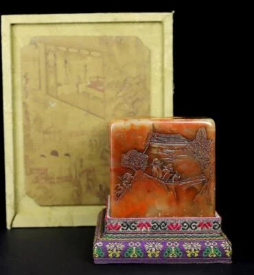 858G Old Chinese Shoushan Stone Seal Stamp Statue w/landscape N986