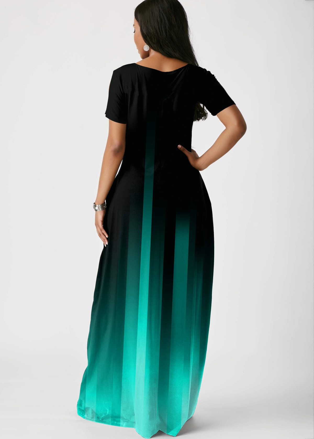 Side Pocket Short Sleeve Mint Green Gradient Maxi Dress