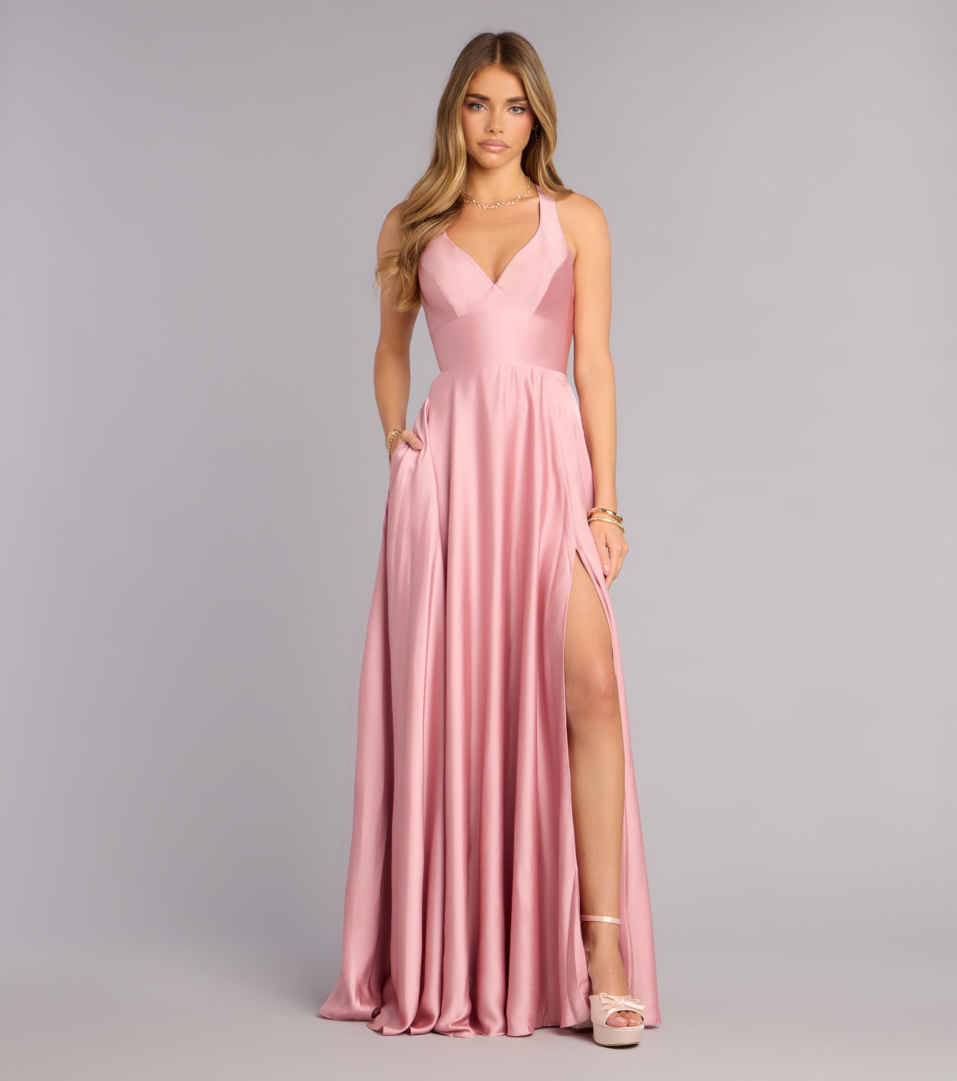 Lace‑Up Slit A‑Line Satin Formal Dress