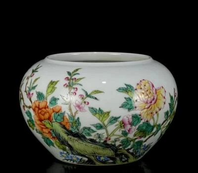 Qianlong Signed Old Chinese Famille Rose Brush Washer W/flower N1274