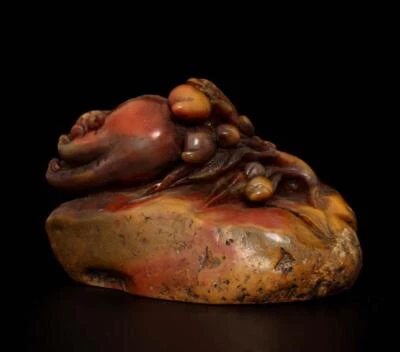 408G Signed Old Chinese Shoushan Stone Seal Stamp Statue w/frog