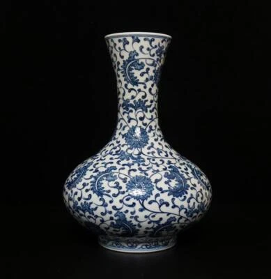 31.5CM Qianlong Signed Chinese Blue & White Porcelain Vase w/flower