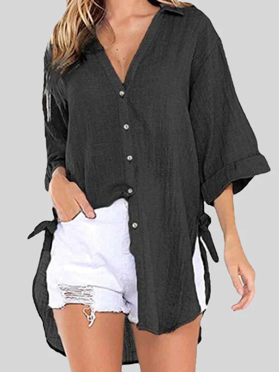 Solid Color V-Neck Front Short Back Long Bracelet Sleeve Fashion Shirt