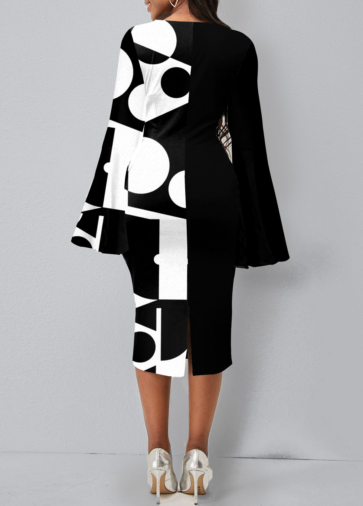 Geometric Print Flare Sleeve Dress