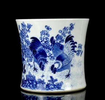 Wang Bu Signed Old Chinese Blue and White Brush Pot W/cock N244