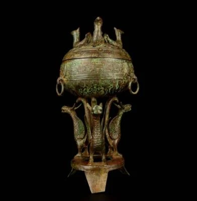 34CM Old Chinese Bronze Statue Pot Incense Burner w/bird N1748