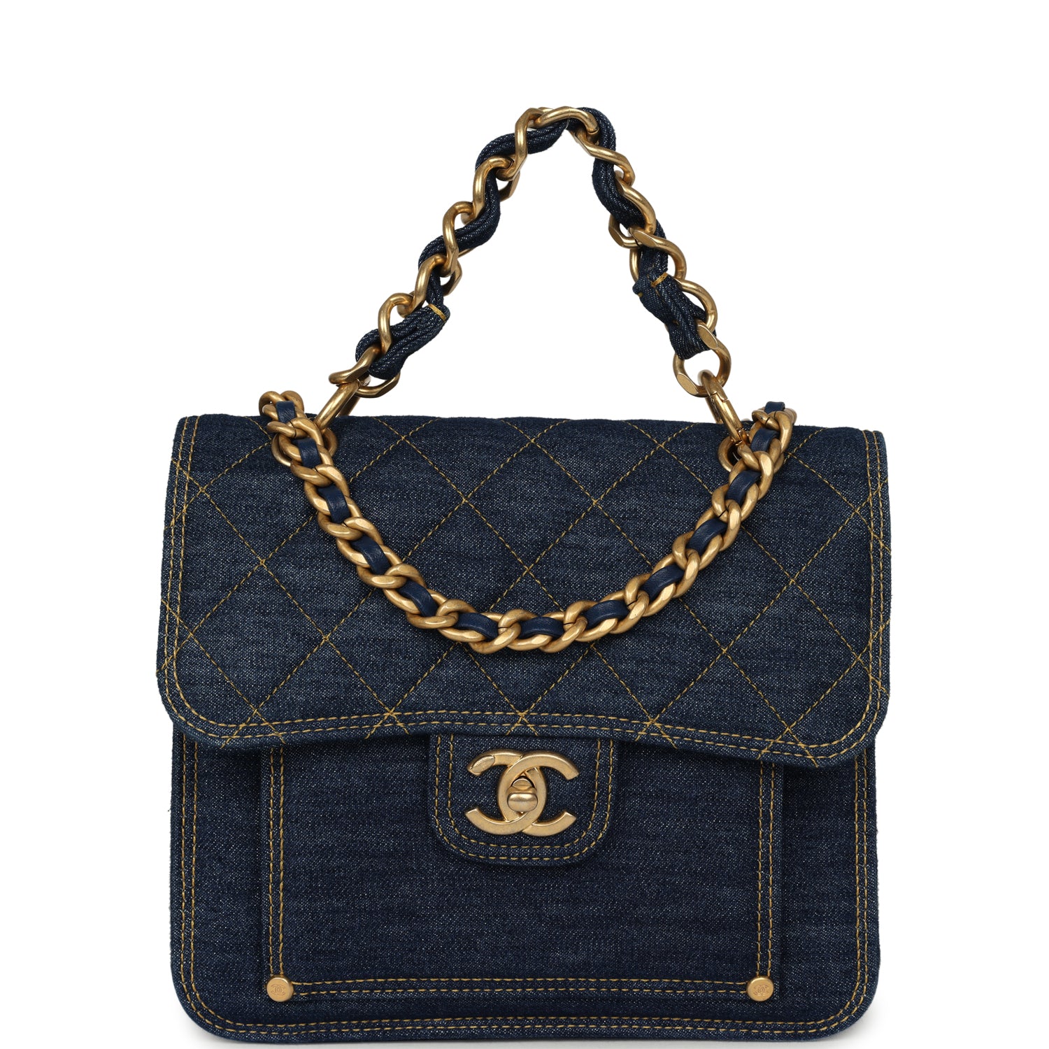 CHANEL Double You Flap Bag Blue Denim Antique Gold Hardware