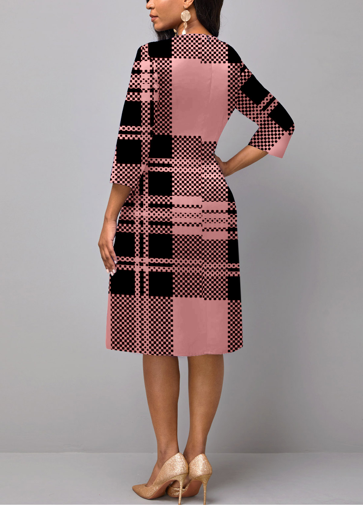 Pink 3/4 Sleeve Plaid Faux Two Piece Dress