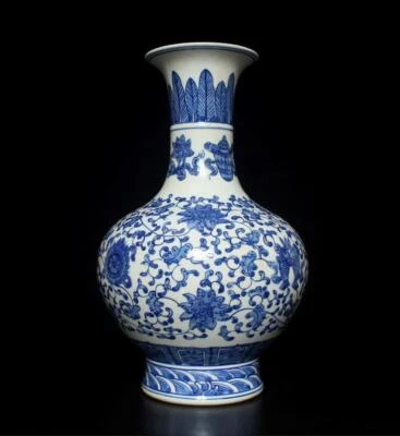 34CM Qianlong Signed Chinese Blue & White Porcelain Vase w/flower
