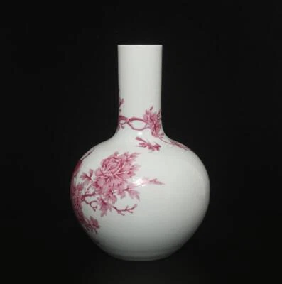 37CM Yongzheng Signed Antique Chinese Carmine Glaze Vase W/ flowers