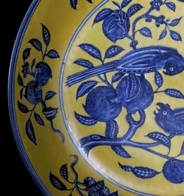 37CM Xuande Signed Old Chinese Blue and White Yellow Glaze Dish W/bird N950