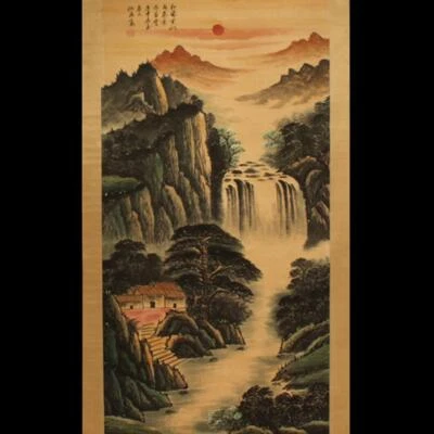 Chinese Old He Haixia Watercolor Scroll Painting Landscape 75.59”