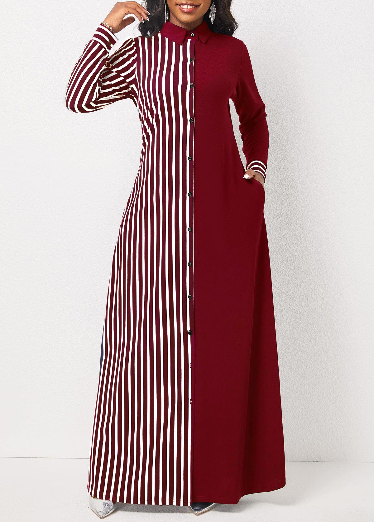 Striped Pocket H Shape Maxi Dress