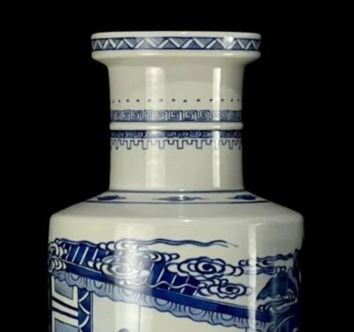 40CM Kangxi Signed Old Chinese Blue and White Vase W/ figure N1331