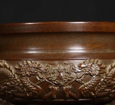 Xuande Signed Old Chinese Copper Incense Burner w/dragon N4145