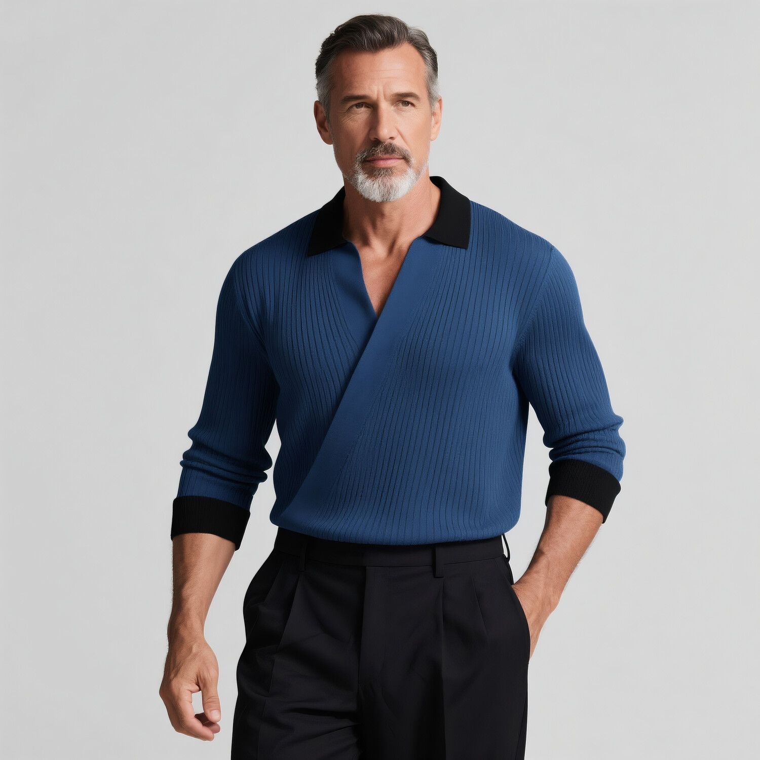 Men's Black Trim Turndown Collar Wrap Ribbed Knit Long Sleeve Top