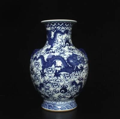 42CM Kangxi Singed Old Chinese Blue and White Vase W/dragon