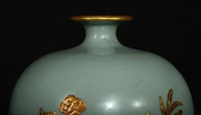 28CM Zhenghe Signed Old Chinese Ru Yao Ru Kiln Vase w/flower N3014