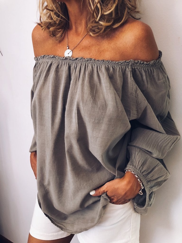 Elastic pleated cotton and linen long-sleeved Off shoulder shirt