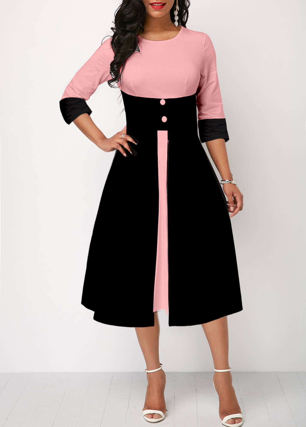 Pink High Waisted Faux Two Piece Round Neck Dress