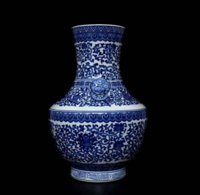 40CM Qianlong Signed Chinese Blue and White Zun Vase W/flower