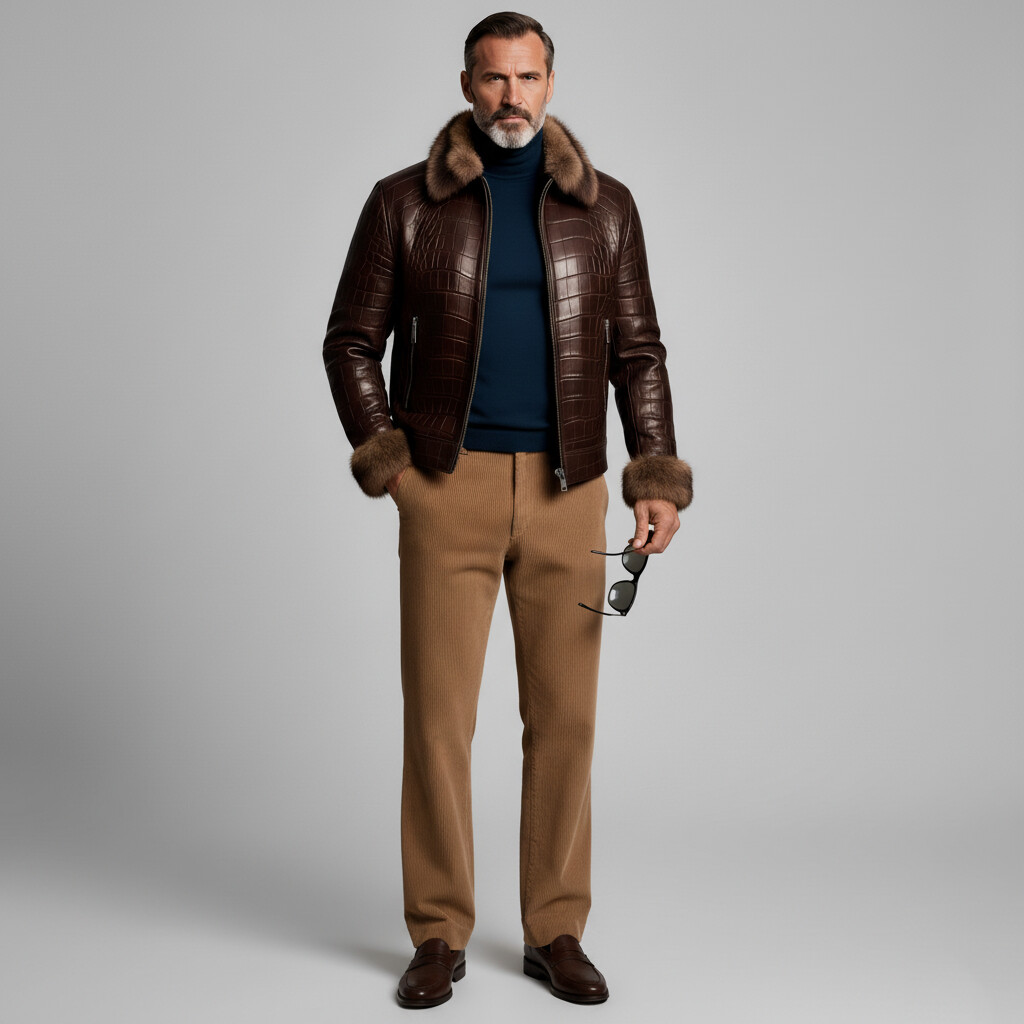 Men's Brown Fur Collar Long Sleeve Zipper Pocket Crocodile PU Leather Jacket