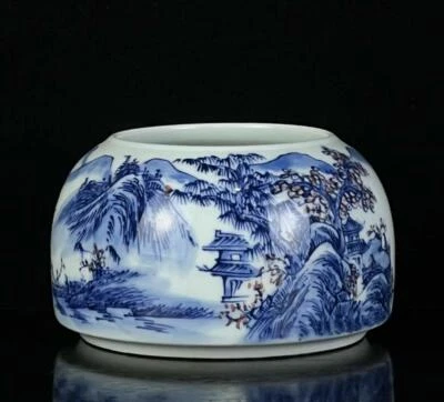 Qianlong Signed Chinese Blue and White Brush Washer W/landscape N198