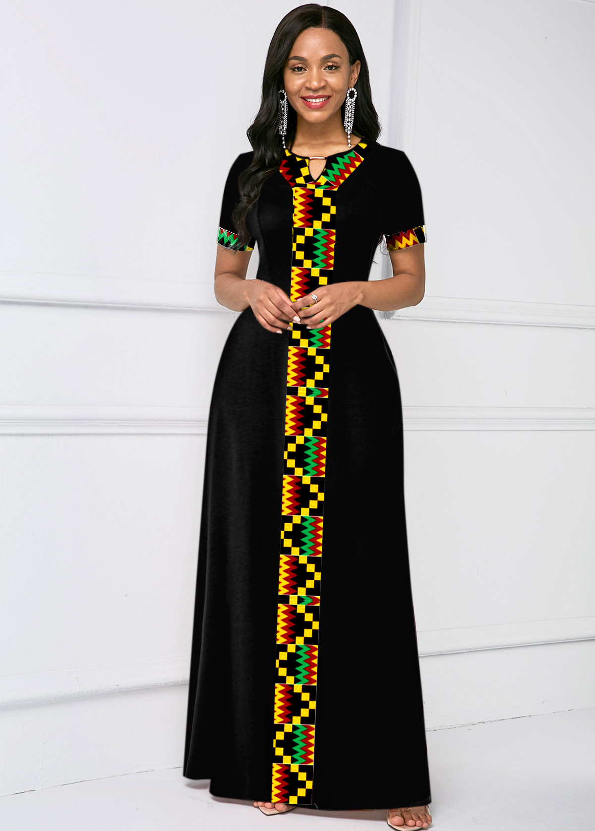 Short Sleeve Tribal Print Keyhole Neck Dress