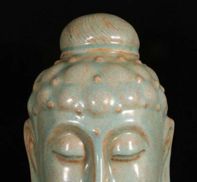23CM Old Chinese Song Ru Yao Ru Kiln Statue w/Buddha N1569