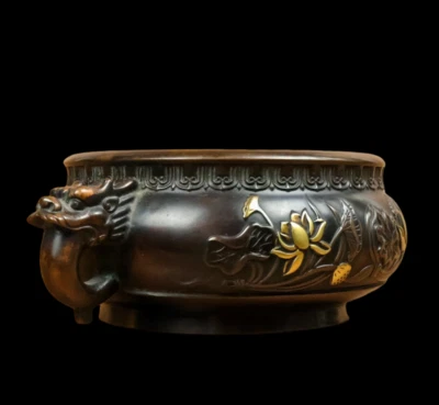 Xuande Signed Chinese Red Copper Handmade Incense Burner w/louts flower N3836