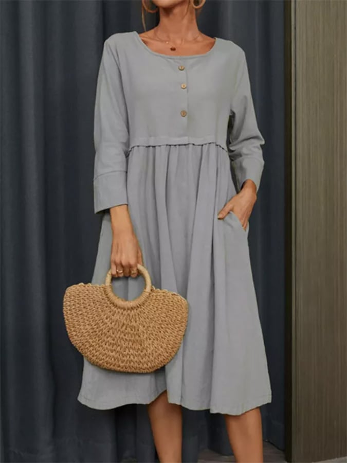 Round Neck Button Pocket Cotton Linen Long Sleeve Solid Color Dress