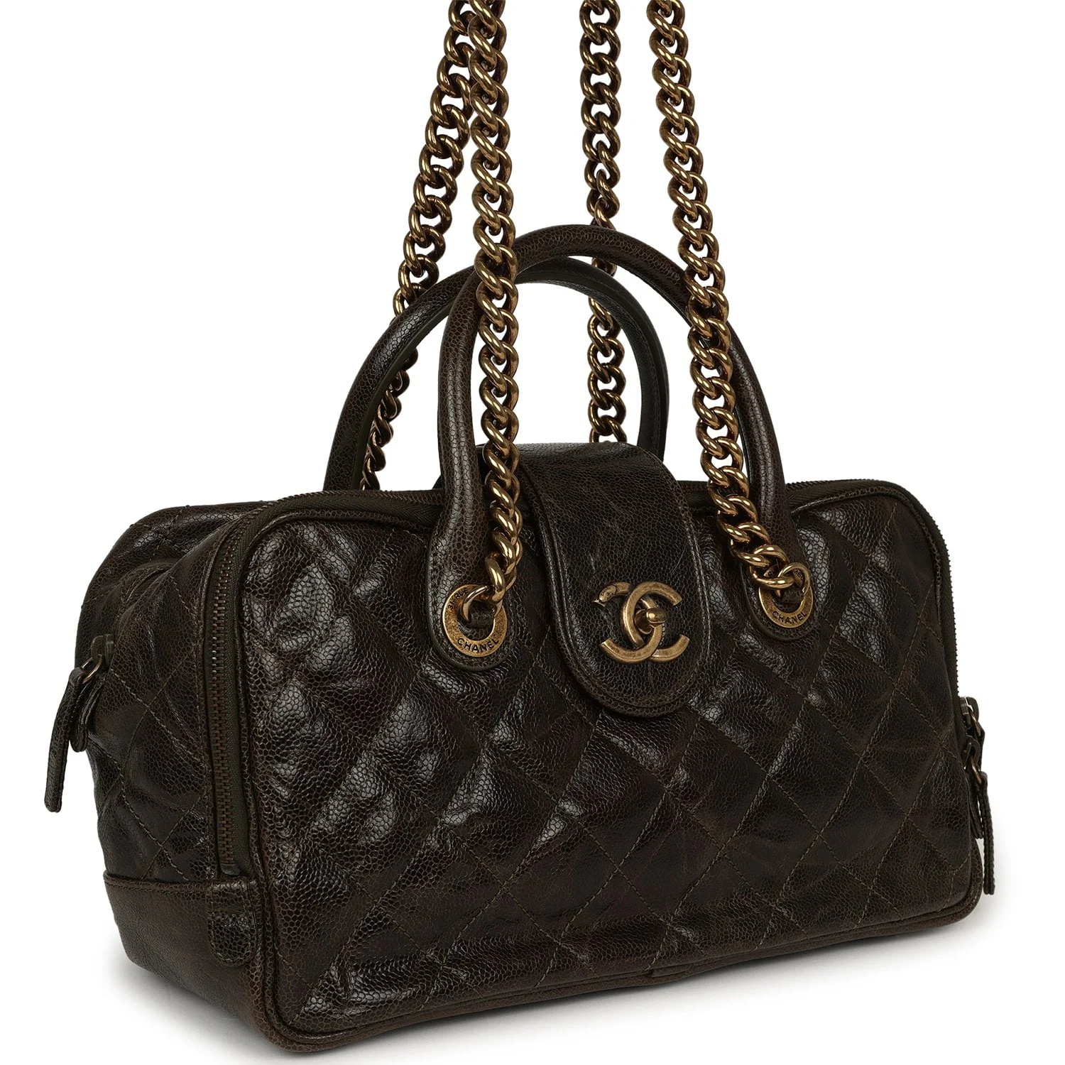 CHANEL Paris-Bombay Shiva Bowling Bag Khaki Shiny Aged Crumpled Calfskin Antique Gold Hardware